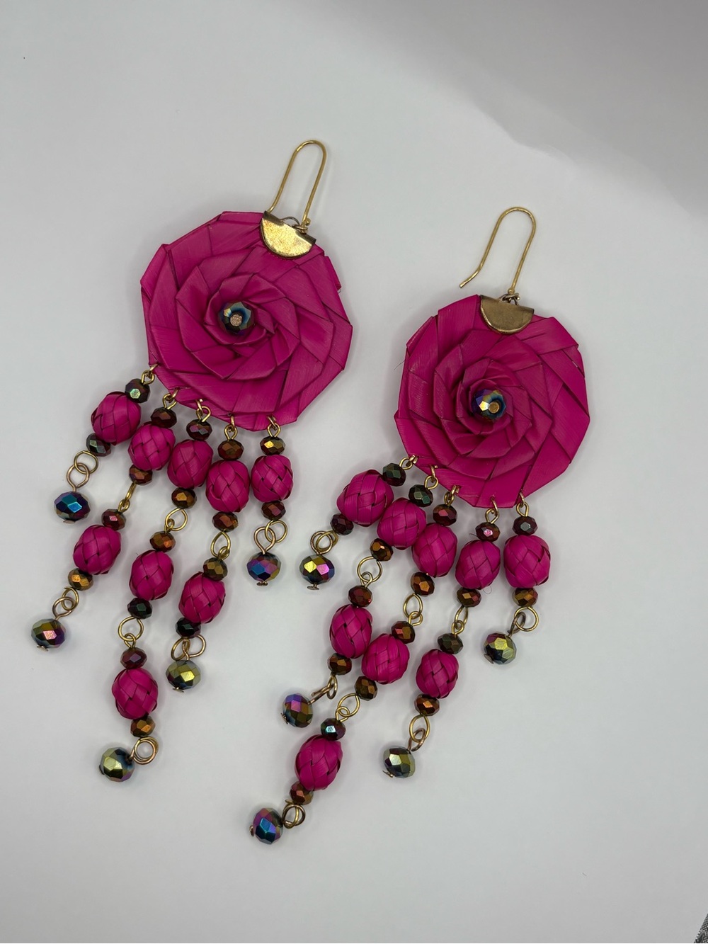 Fuchsia Floral Drop Earrings with Beaded Fringe - Women Jewelry